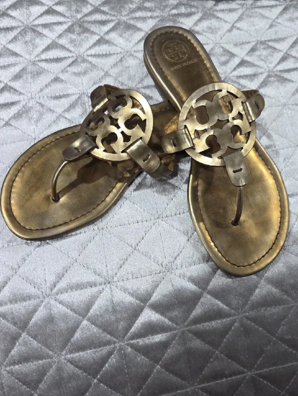 Tory Burch Metallic Bronze Gold Logo Thong Sandals